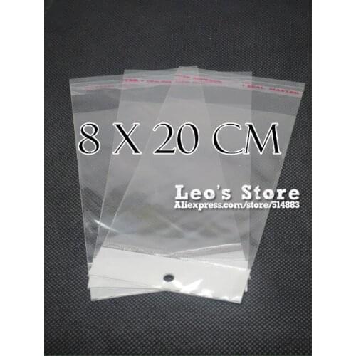 8x20cm Self Adhesive OPP Bag With Hanging Hole, Clear Header Plastic Bag,Supermarket Bag,wholesale free shipping