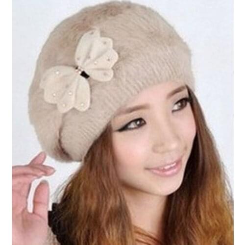 Free shipping knitted genuine rabbit fur hat Womens winter hat autumn knitted rabbit fur beret hat headdress