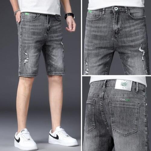 Summer Mens Stretch Short Jeans Men Holes Denim Shorts Good Quality Knee Length Jeans Shorts Casual Denim Shorts Male