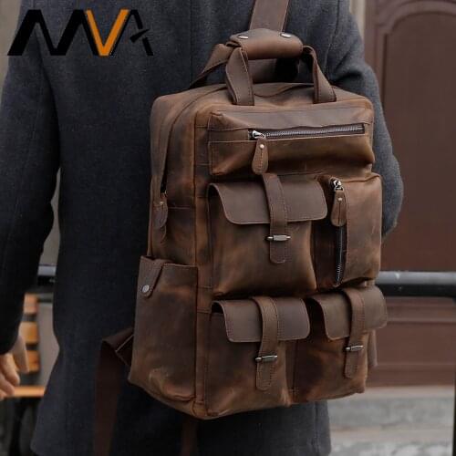 MVA Vintage Genuine Leather Backpack 15"Laptop Bag Multi Pockets School Business Travel Daypack Large Mens Leather Backpack Bag
