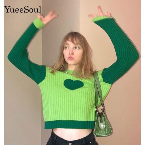 Crewneck Printed Heart Knitted Sweater Pullover Patchwork Y2K Green Sweater Brown Kawaii Pink Sweater Vintage E Girl