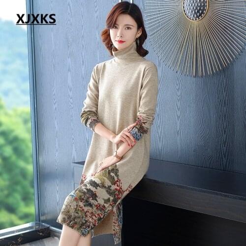 XJXKS Elegant Women Dress 2020 Spring Autumn Print Casual Knitted Women Sweater Dress Turtleneck Women Long Sweaters