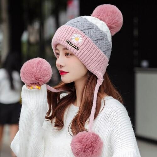 Real Mink Fur Hat Knitted Fluffy Women Winter Warm Hats with Earflap Genuine Fox Fur Trimmed Pompom Ball Beanies