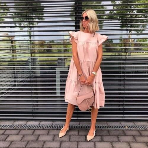 Dresses For Women 2021 Casual O Neck Ruffled Short Sleeve Large Hem Midi Dress Summer Retro Loose One-Piece Dress