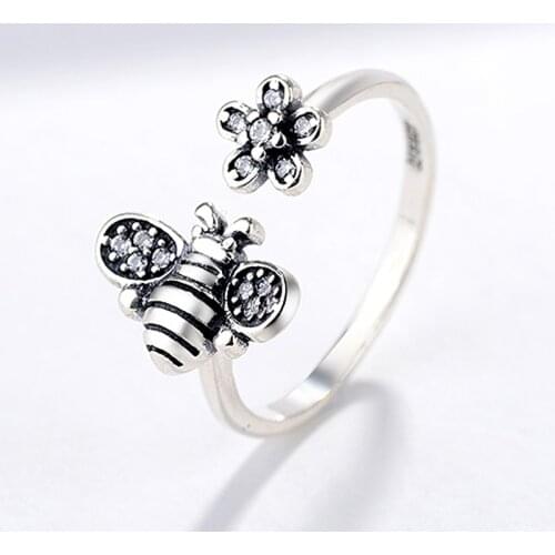 Bohemia Vintage Silver Color Cute Bee Flower Rings for Women Fashion Dragonfly Sunflower Opening Adjustable Ring Jewelry