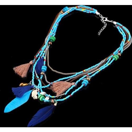1PCS Bohemian Multi-Layer Feather Necklaces Beads Tassel Maxi Long Ethnic Chain Jewelry Statement Necklace For Women