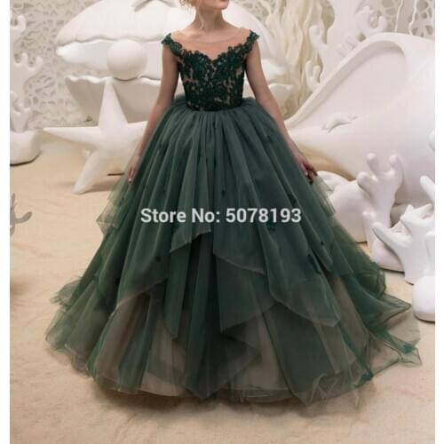 124 green fashion flower girl dresses/tulle baby birthday gowns scoop-neck V-back floor-length appliques&buttons free shipping