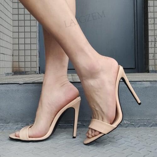 BERZIMER Women Slides Open Toe Stiletto High Heels Prom Slip On Pumps Ladies Sandals Nude Female Shoes Woman Big Size 42 46 52