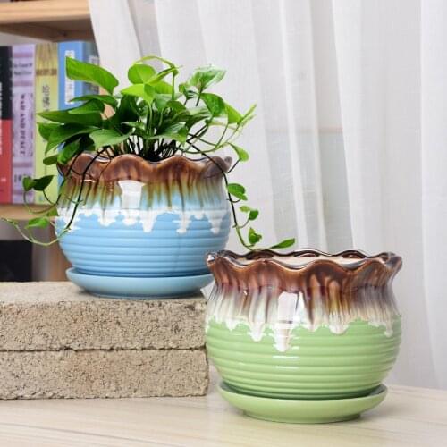Green Plant Succulent Flowerpots Ceramic Household Large Size With Tray Personality Big Diameter Butterfly Orchid Flower Vase