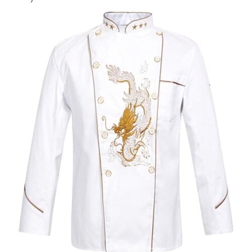 New Men Women Embroidery Dragon Cook Uniform Short Sleeve Kitchen Work Wear Mesh Patchwork Breathable Food Service Chef Jacket