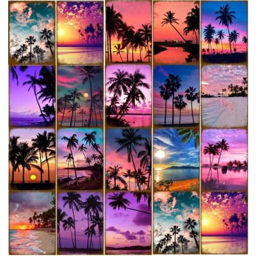 Summer Beach Coconut Metal Painting Sunrise Sunset Plate Tin Sign Plaque Metal Home Living Room Wall Decor Art Wall Stickers