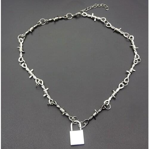 Silver Alloy Wire Little Thorns Chain Necklace with Gothic Lock Pendants