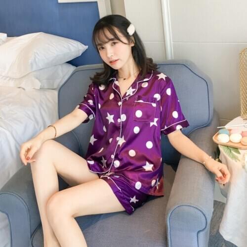 Floral Cute Viscose Home Wear Summer Faxu Silk Short-sleeved Pajamas for Women Turn-down Collar Pijamas Women Soft Sleepwear New