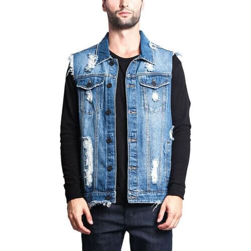 Mens Ripped Hole Denim Vest Sleeveless Jeans Jacket Casual Vintage Retro Fashion