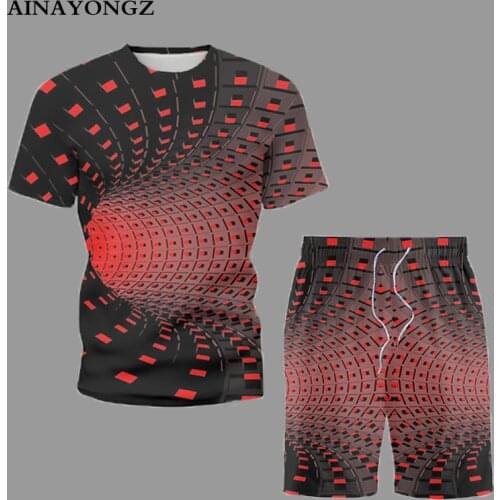 2021 Tide Men Summer Short Shirts Set Swirl Tunnel Digital Printing T- Shirt Shorts Suit Hip Hop Street Attire Trendy Male Wear