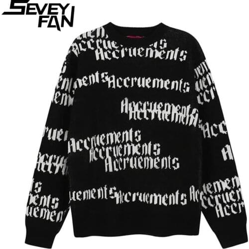 SEVEYFAN Mens Fashion Letter Jacquard Sweaters Hip Hop Loose Pullover Knitwear Streetwear for Couples