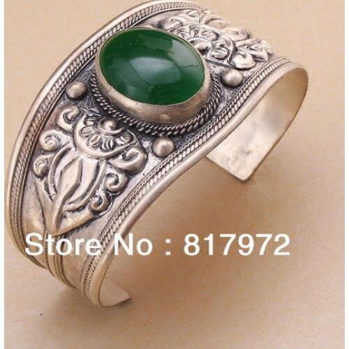Charm Vintage style tibet silver Bling Green bead cuff bracelet Adjustable Party Gift
