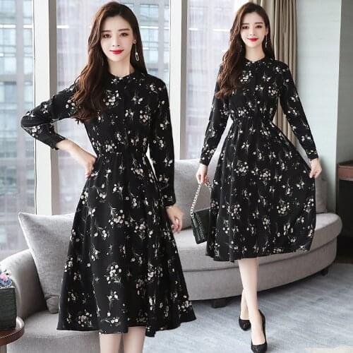 Autumn Spring Floral Print Black Fairy Dress Female Midi Boho Elegant Slim Lady Dress Vintage Long Sleeve Korean Runway Vestidos