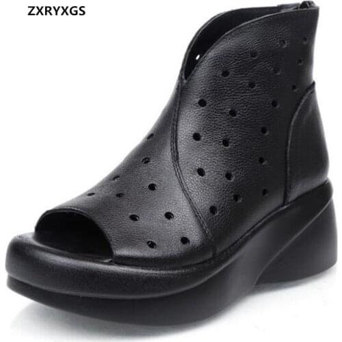 Promotion 2021 New Fish Mouth Hollow Genuine Leather Boots Women Sandals Platform Wedges Light Heighten Boots Women Boots Black