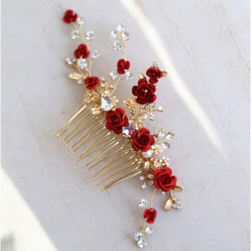 Red Rose Floral Headpiece For Women Prom Rhinestone Bridal Hair Comb Accessories Handmade Wedding Hair Jewelry