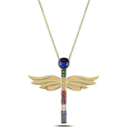Silverlina Silver Colorful Zircon Cubic Zirconia Wing Necklace