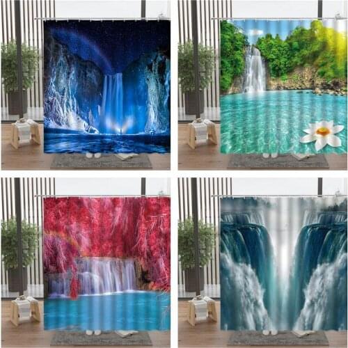 Starry Sky Waterfall Shower Curtains Mountain Forest Red Maple Leaves Flower Rivers Ocean Night Scenery Bathroom Accessories Set