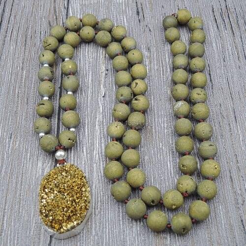Titanium Rainbow/Gold/Silve r Crystal Druzy Pendants Necklaces 8mm 10mm Agat e Round Beads Knot Handmade 30inch And 40inch