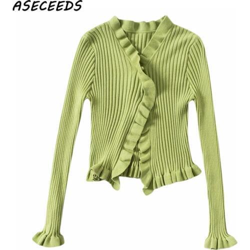 Vintage ruffle sexy crop cardigan women ribbed knitted sweater korean kawaii cropped cardigan winter crop sweater tops 2019