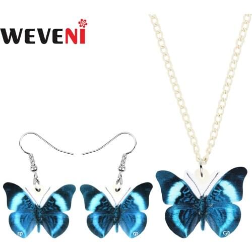WEVENI Acrylic Blue Morpho Butterfly Jewelry Sets Insect Animal Necklace Earrings For Women Friends Kids Funny Gifts Decorations