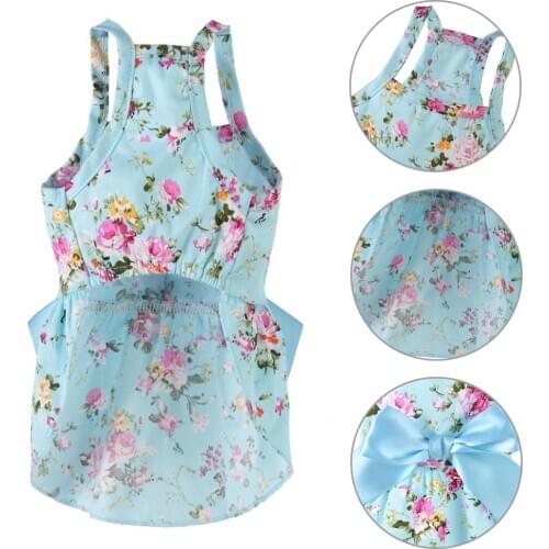 XS-XL Summer Small Floral Flower Printed Stretch Yarn Dog Beach Princess Dress Pets Dogs Clothes Puppy Cats Pets Costume Dress