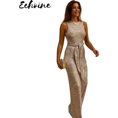 Gold/Silver/Black Waist Tie Sleeveless Sexy Sequin Jumpsuit with Sashes Women O Neck Backless Wide Leg Pants Office Jumpsuits