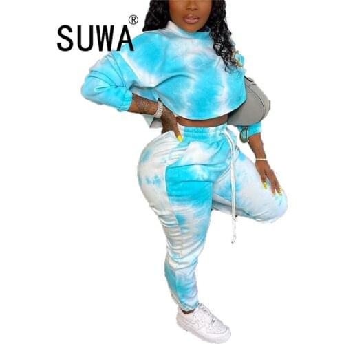 Sky Blue Printed Casual Two Piece Pants Set Women Workout Clothes Pullover Sweatshirt Top Baggy Pants Streetwear