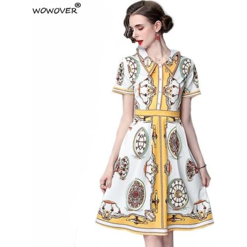 Europe Style Fashion Women Clothing 2021 New Short Sleeve Vintage Print Runway Summer Dress Casual Empire Female Midi Vestidos