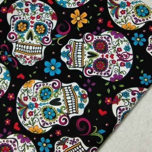 100% Plain Cotton viaPhil Halloween Black Flower Skull Printed Fabric 50x105cm Skull Fabric Patchwork Cloth Dress Home Decor