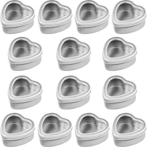 14-Pack Empty Heart Shaped Silver Metal Tins with Clear Window for Candle Making, Candies, Gifts & Treasures
