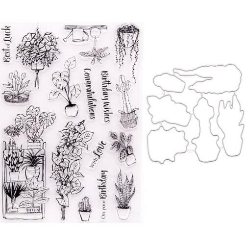 2121 Garden Potted Plants Stamp and Dies Transparent Clear Silicone Stamp Cutting Die Set for DIY Scrapbooking Photo Decorative