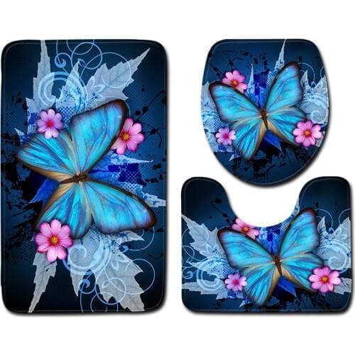 3 Pieces Nordic 3D Butterfly Toilet Bath Mat Carpet Rug Sets Bathroom Shower Room Carpets Flannel Anti Slip Bath Mat Sets