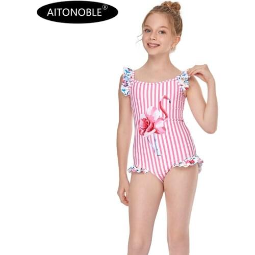 Aitonoble 2021 New Collection Kids Rash Guard Years 2-10 Girls Swimwear Teenagers One Piece Diving Suit Rashguard for Girls