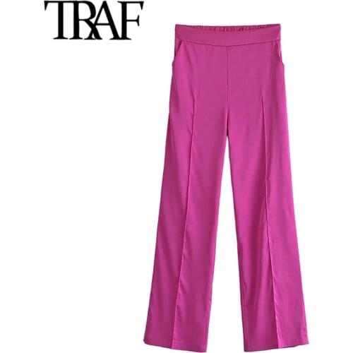 TRAF Women Fashion Side Pockets Soft Touch Wide Leg Pants Vintage High Elastic Waist Loose Female Trousers Mujer