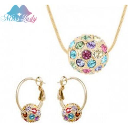 Miss Lady New Arrival jewelry Set Gold color Cheap Crystal Fashion Jewelry Necklace earrings set Ball crystal MLJ9065