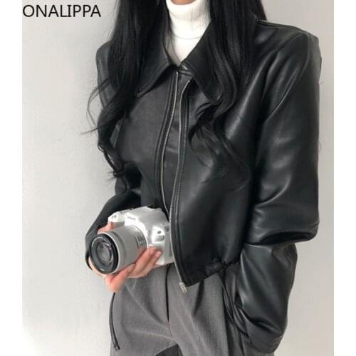 ONALIPPA Korean Retro Temperament Jacket Female Personality Lapel Zipper Loose Casual Long-Sleeved Motorcycle Leather Short Coat
