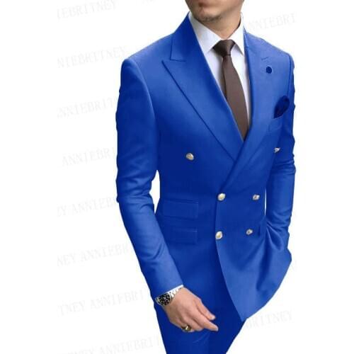 Classic Royal Blue Wedding Suits for Men Double Breasted Golden Buttons Mens Business Suit Slim Fit Blazer Pants 2 Pieces Set