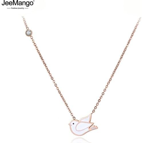 JeeMango New Titanium Steel White Glaze Peace Pigeon Choker Necklace Jewelry Lovely Pendant Chain Necklace For Women JN19083