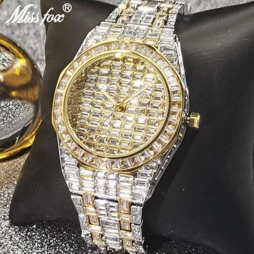 MISSFOX Luxury Baguette Designer Mens Watch Full Diamond Iced Out Bling AAA Watch Waterproof Auto Date Clocks Montre Homme Luxe