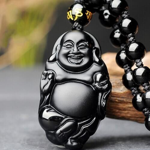 Natural Black Obsidian Maitreya Buddha Jade Pendant Necklace Chinese Carved Fashion Jewelry Accessories Amulet for Men Women