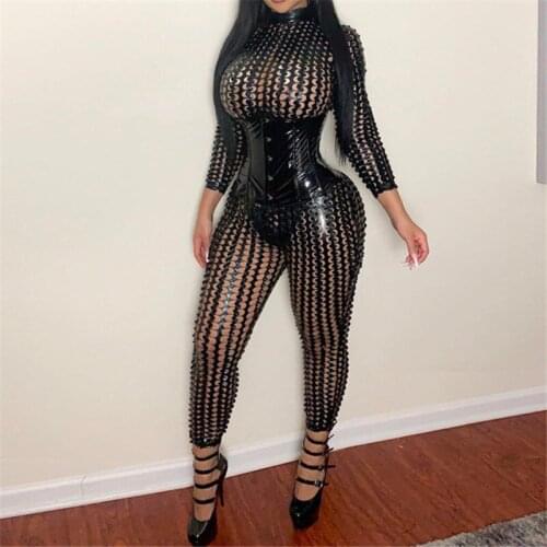 Sexy Hollow Out Fishnet Solid Black Bodycon Skinny Jumpsuit Long Sleeve Zip Up Streetwear Party Club 2020 Autumn Romper Overalls