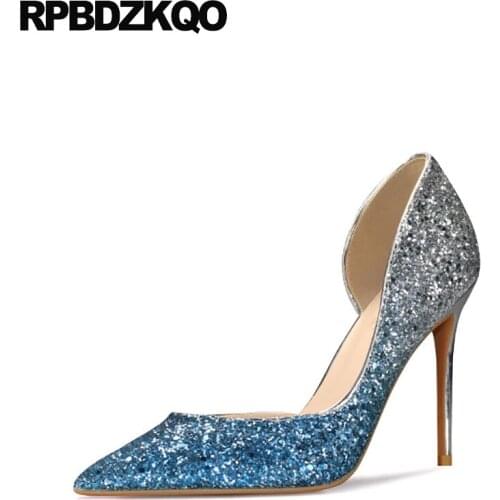 Plus Size 33 Bride Ultra 10 42 Super Blue Shoes High Heels Ladies Extreme 8cm Silver Glitter Pumps Pointed Toe Thin Sparkling