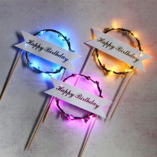 LED Glowing Cake Toppers Happy Birthday Cupcake Rattan Garland Flags Wedding Party ValentineS Day Cake Flashing Decorating Tool