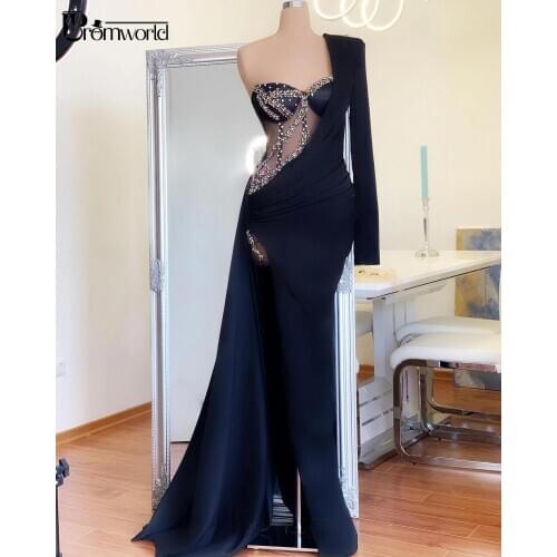 Navy Blue Mermaid Evening Dresses Long Sleeve 2021 Advanced Customization High Slit One Shoulder Crystal Formal Evening Gowns