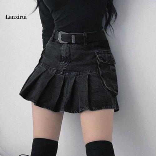 Vintage Pleated Jeans Skirts Women Dark Academia Fashion Skirts Goth Black High Waist Skirt 90s Korean Pockets